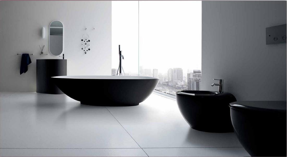 Modern bathroom with black bathtub